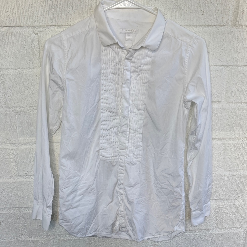 Burberry Children Pleated Button Down Long Sleeve White Collared Shirt sz 14